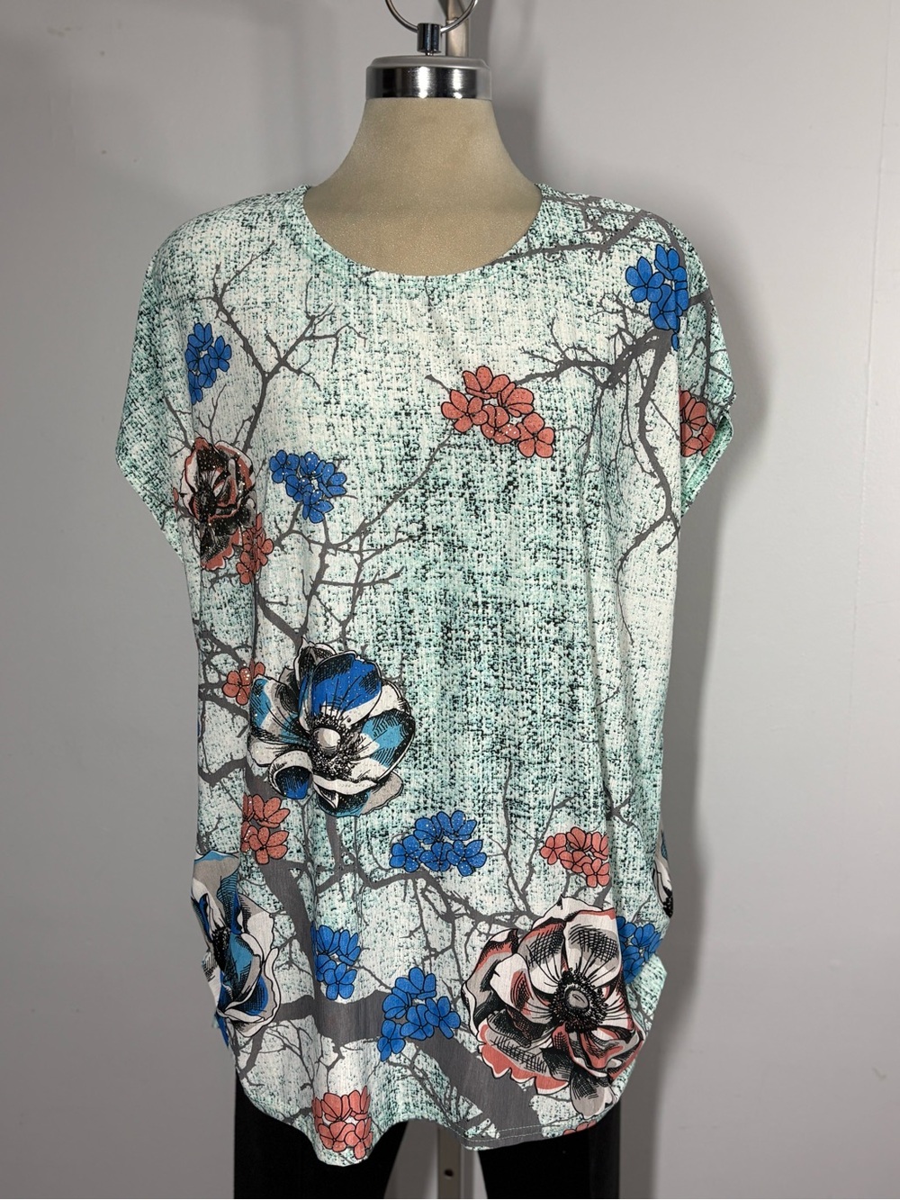 Floral Mint Short Sleeve Tunic with Blue & Coral Blooms